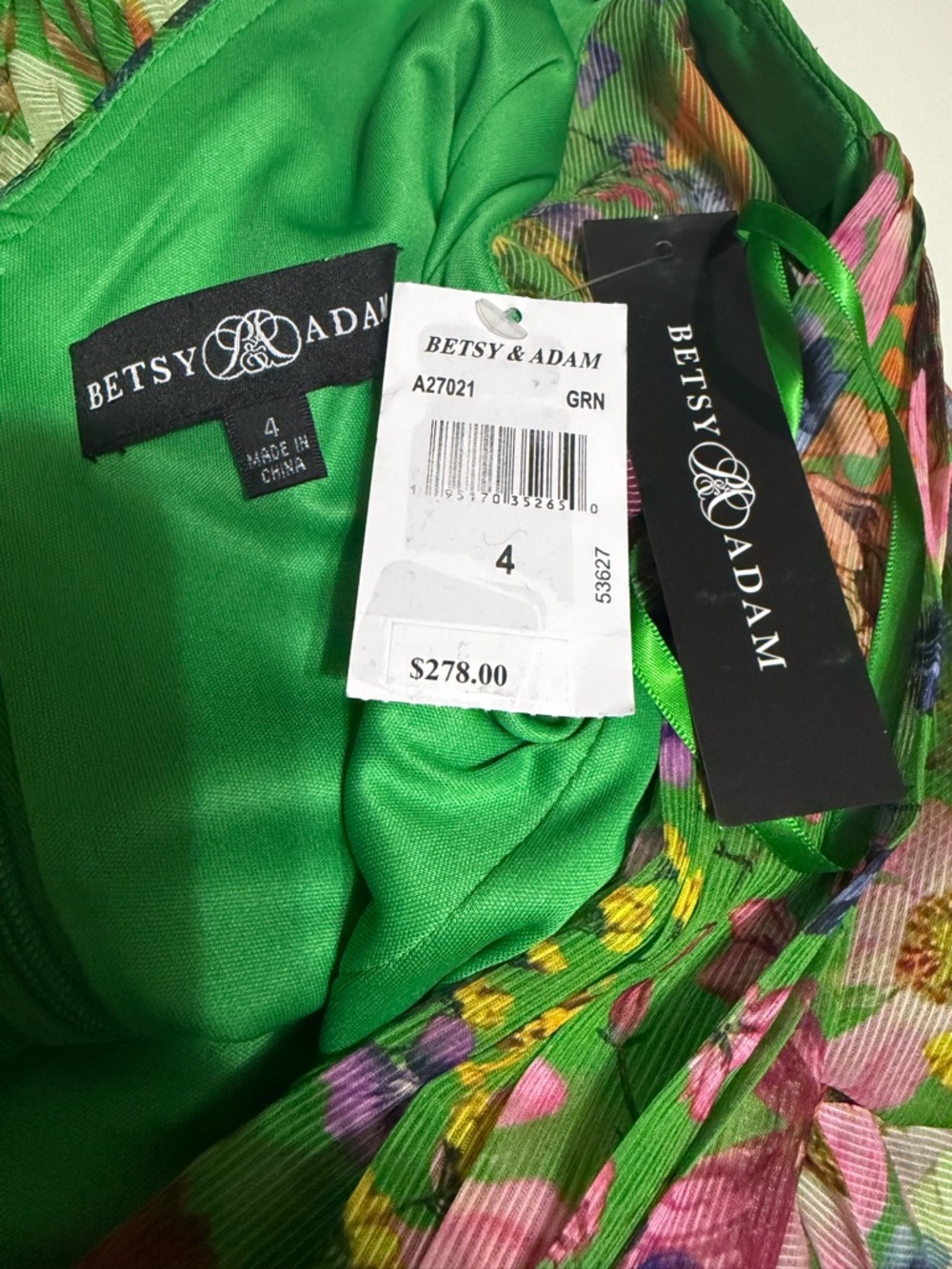 Betsy & Adam Sz 4  Floral Long Sleeve Cold Shoulder Pleated Gown Formal Green - Picture 13 of 15